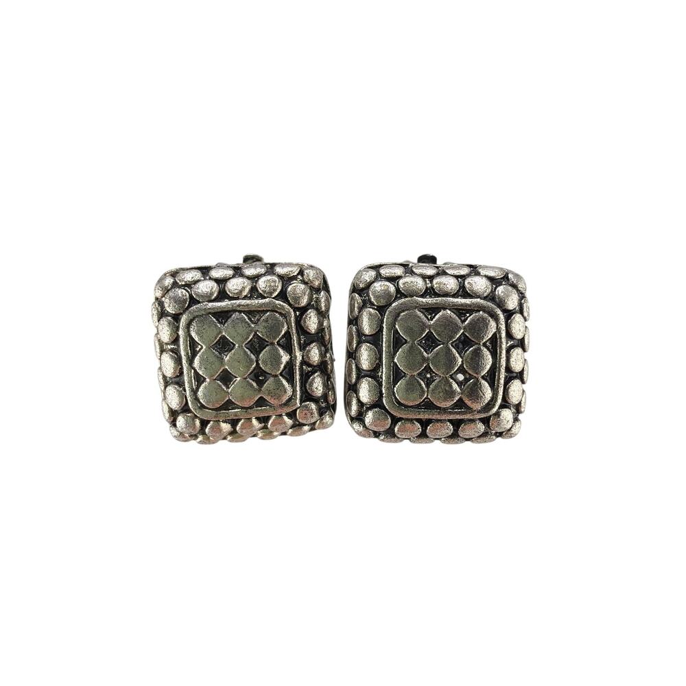 Vintage 90's  Southwestern Bali-Style Geometric Silver Clip On Earrings